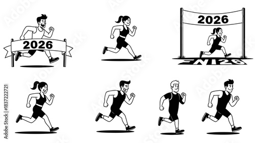 Diverse group of happy runners celebrating new year 2026 race finish line success achievement set on white background for new year celebrations