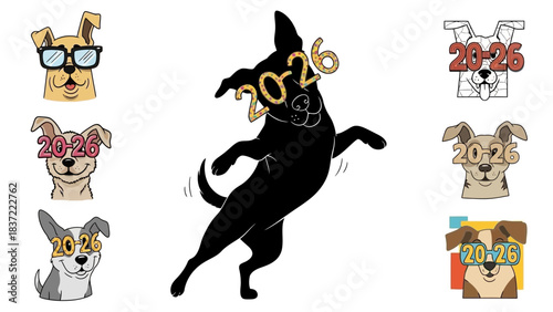 Various happy dogs wearing 2026 new year glasses celebrating new year isolated on white background for new year cards or party