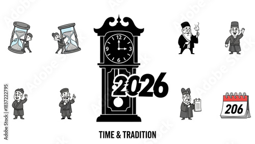 Set of time and tradition symbols including grandfather clock, hourglass, and ancient chinese characters for new year 2026