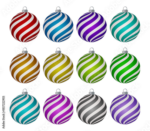 Doce bolas de navidad con rayas diagonales  en fondo blanco