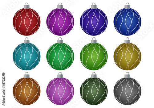 Colección de doce bolas de navidad en colores vibrantes sobre fondo blanco