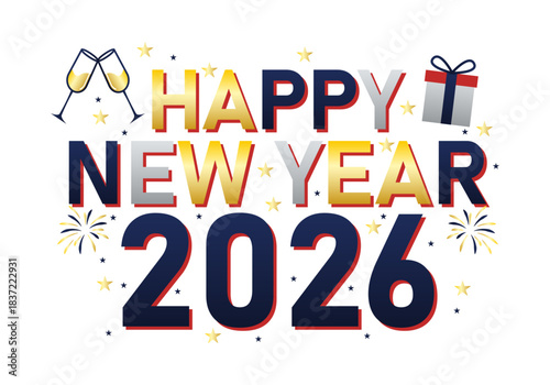 Feliz año nuevo 2026 con letra dorada y azul