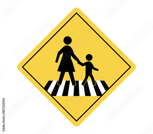 Señal amarilla con silueta negra de adulto y niño cruzando junto un paso de cebra