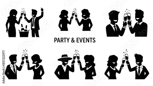 Party and events silhouette collection showcasing people celebrating, toasting with champagne glasses, featuring diverse couples and groups in various poses