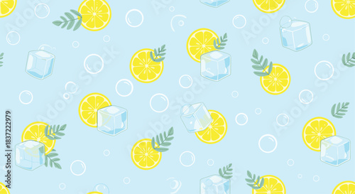Refreshing seamless pattern featuring bright yellow lemon slices, cool ice cubes, mint leaves, and bubbles on a light blue background for a summery beverage theme.