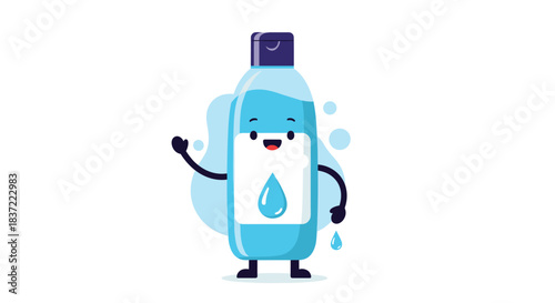 Cute and friendly cartoon water bottle character with a happy face, waving its hand to promote hydration and drinking water for good health and wellness.