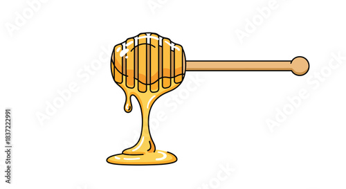 Cartoon vector illustration of a wooden honey dipper dripping with golden, sticky honey, creating a puddle below, isolated on a clean white background for food concepts.