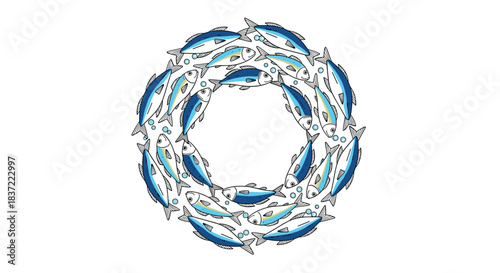 A circular frame or wreath made of swimming blue fish, creating a dynamic and unique border for nautical, fishing, or marine-themed designs, isolated on white.