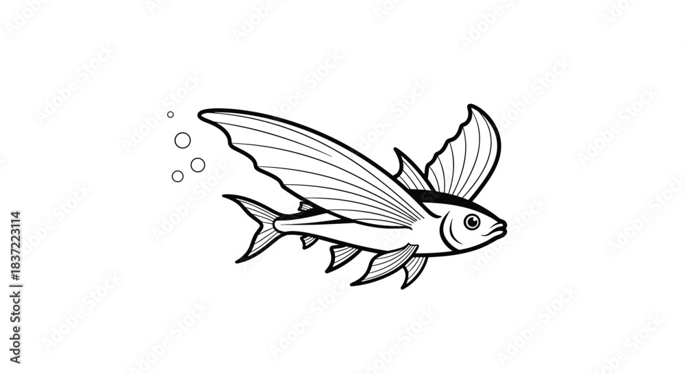 Obraz premium A dynamic black and white line art illustration of a flying fish gliding above the water with its wing-like fins spread, capturing a moment of aerial movement.
