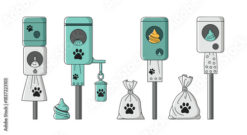 A set of pet waste station illustrations, including dispensers with bags, dog poop, and tied disposal bags, promoting responsible pet ownership and clean parks.