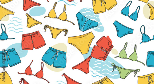 A vibrant and fun seamless pattern of colorful summer swimwear, including bikinis and swim trunks, scattered on a white background with abstract shapes and waves.