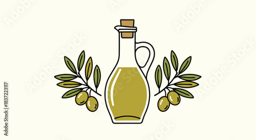 A charming, hand-drawn illustration of a glass bottle of olive oil, framed by two green olive branches, representing natural, organic, and healthy Mediterranean cuisine.