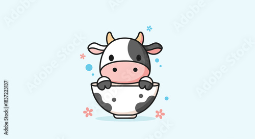 An adorable kawaii cartoon cow peeking out of a spotted bowl, surrounded by little flowers, creating a cute and charming character illustration for kids.