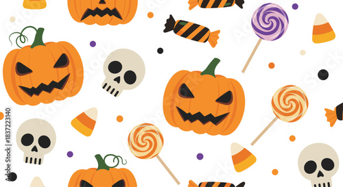 A fun and spooky seamless pattern for Halloween featuring cartoon jack-o'-lanterns, skulls, candy corn, and lollipops on a clean white background for holiday fun.