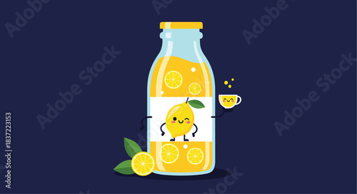 A cute and happy cartoon lemon juice bottle character winking and holding a small cup, perfect for promoting fresh, healthy, and natural lemonade or citrus drinks.