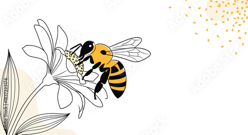 A stylized illustration of a honey bee collecting nectar from a line art flower, set against a white background with abstract shapes, perfect for modern eco-friendly designs.