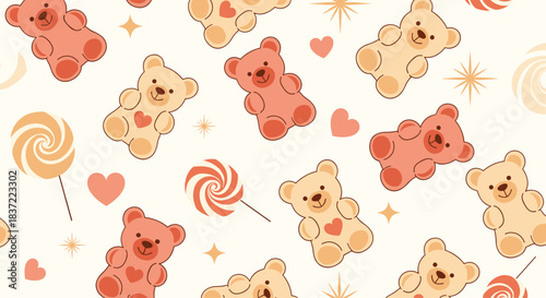 Sweet and charming seamless pattern with cute gummy bears, lollipops, hearts, and sparkles in warm, soft pastel colors.