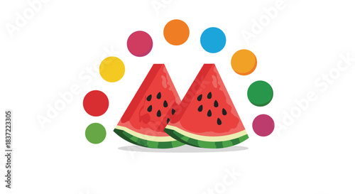 Vibrant and juicy illustration of two watermelon slices arranged under a festive arc of colorful dots, isolated on white background.