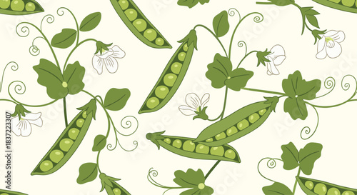 Charming seamless pattern of fresh green pea pods on the vine with delicate white flowers and curly tendrils on a light background.