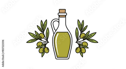 Simple and clean icon of a glass bottle of extra virgin olive oil flanked by two fresh green olive branches with leaves.