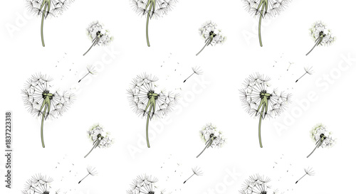 Delicate and airy seamless pattern of dandelion flowers with seeds blowing in the wind, hand-drawn in a detailed sketch style.