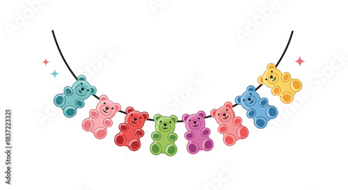 Adorable and colorful garland of cute gummy bear candies hanging on a string with sparkles, isolated on a white background.