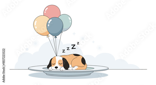 Sweet and whimsical illustration of a cute puppy sleeping on a floating plate lifted by a bunch of colorful party balloons.