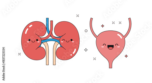 Adorable kawaii-style illustration of happy, smiling human kidneys and bladder characters, promoting organ health and wellness.