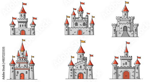 Set of six medieval fairytale castles with stone walls, red-roofed towers, and flags, illustrated in a simple line art style.