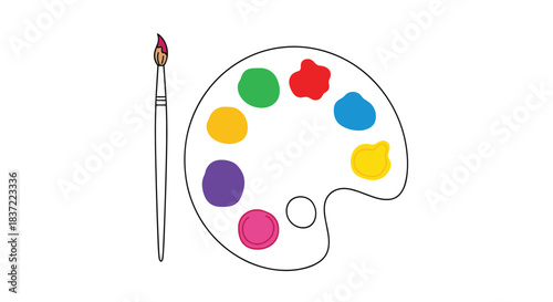 Simple and colorful illustration of an artist's wooden palette with various paint colors and a single paintbrush ready for creating art.