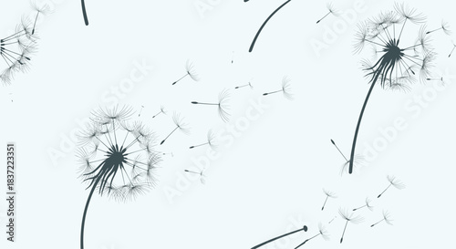 Elegant and minimalist seamless pattern of dandelion clocks with seeds being carried away by the wind on a light-colored background.