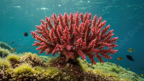 Fototapeta Naklejka Na Ścianę i Meble -  A vibrant red coral reef with fish swimming around it in clear blue water.