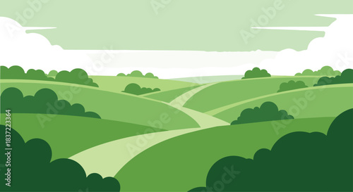 Peaceful and serene cartoon landscape of rolling green hills with a winding path under a cloudy sky in a simple, flat design style.