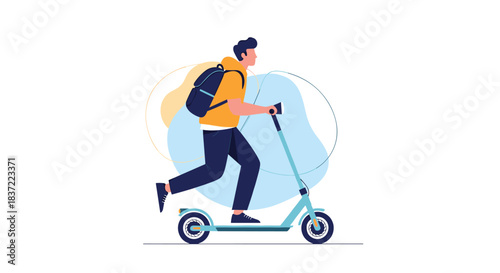 Modern flat vector illustration of a young man with a backpack riding a light blue electric scooter, representing urban mobility.