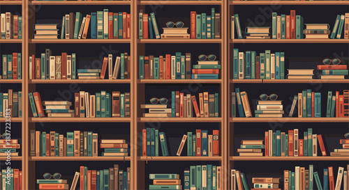 Cozy and detailed seamless pattern of a library bookshelf filled with numerous old books in various colors, creating a vintage atmosphere.
