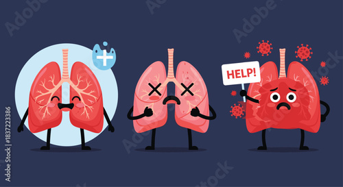 Set of cartoon lung characters showing different health states: healthy, sick with crosses for eyes, and infected with viruses.