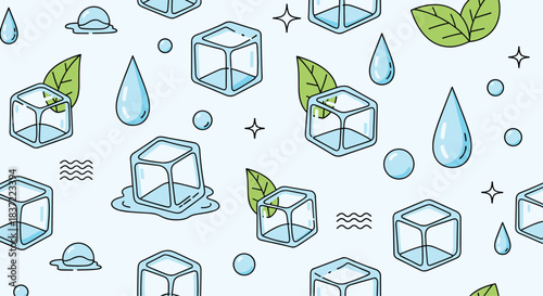Cool and refreshing seamless pattern featuring cartoon ice cubes, water drops, and mint leaves on a light blue background.