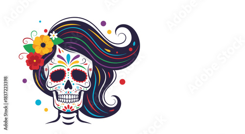 Vibrant and artistic illustration of a sugar skull woman with flowing, colorful hair and flowers for Mexico's Day of the Dead.