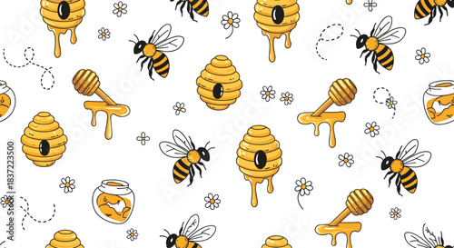 Cheerful seamless pattern with cute cartoon bees, dripping honeycombs, honey dippers, and flowers on a clean white background for a sweet design.
