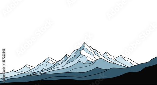 Minimalist and artistic line art illustration of a majestic mountain range with snowy peaks, rendered in cool blue and grey tones.