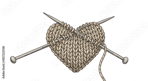 Realistic illustration of a cozy, beige knitted heart with two crossed knitting needles piercing through it, symbolizing a love for knitting or handmade crafts.