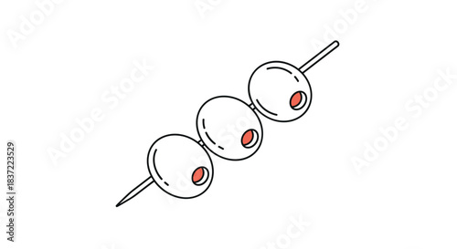 Minimalist line art illustration of three green olives with red pimentos neatly arranged on a cocktail skewer, isolated on a pure white background.