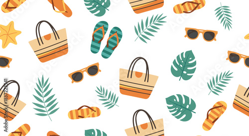 Vibrant seamless summer pattern featuring beach bags, sunglasses, flip-flops, and tropical leaves on a clean white background for vacation-themed designs.