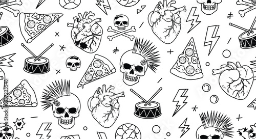 Edgy black and white seamless pattern with punk rock doodles, including mohawk skulls, pizza slices, and anatomical hearts for a bold, alternative design.