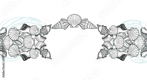 Symmetrical decorative arch frame made of intricate, hand-drawn seashells with a central blank space, perfect for a coastal-themed wedding invitation.