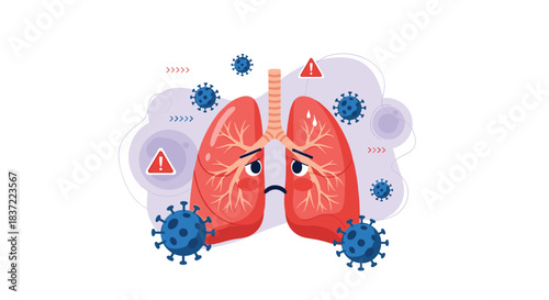 Medical illustration showing cartoon human lungs with a sad expression being attacked by coronavirus cells, representing respiratory illness or disease.