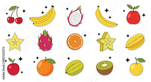 Colorful collection of cute fruit stickers with a stitched border effect, featuring cherry, banana, dragon fruit, orange, apple, star fruit, and kiwi.