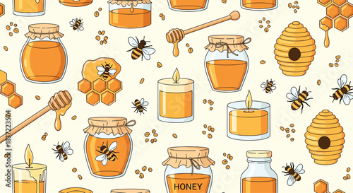 Detailed seamless pattern with various honey-related items including jars, bees, honeycombs, and candles, perfect for packaging or kitchen decor.