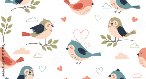 Lovely seamless pattern with adorable cartoon birds perched on branches, surrounded by hearts and clouds, creating a romantic and sweet background design.