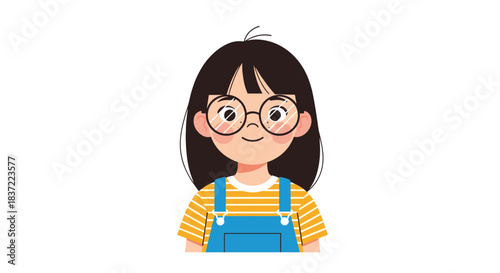 Adorable cartoon portrait of a smiling young girl with short black hair, round glasses, and wearing a yellow striped shirt with blue overalls.